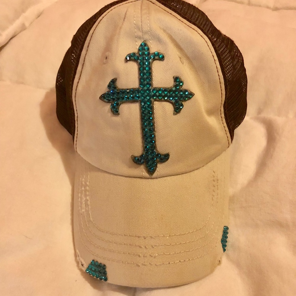 Teal Crystal Cross Baseball hat adjustable back